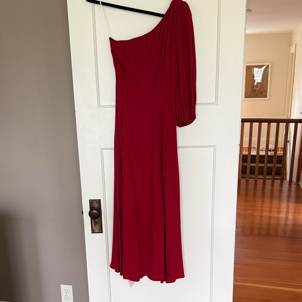 Reformation One-Shoulder Red Midi Dress with Draped Sleeve